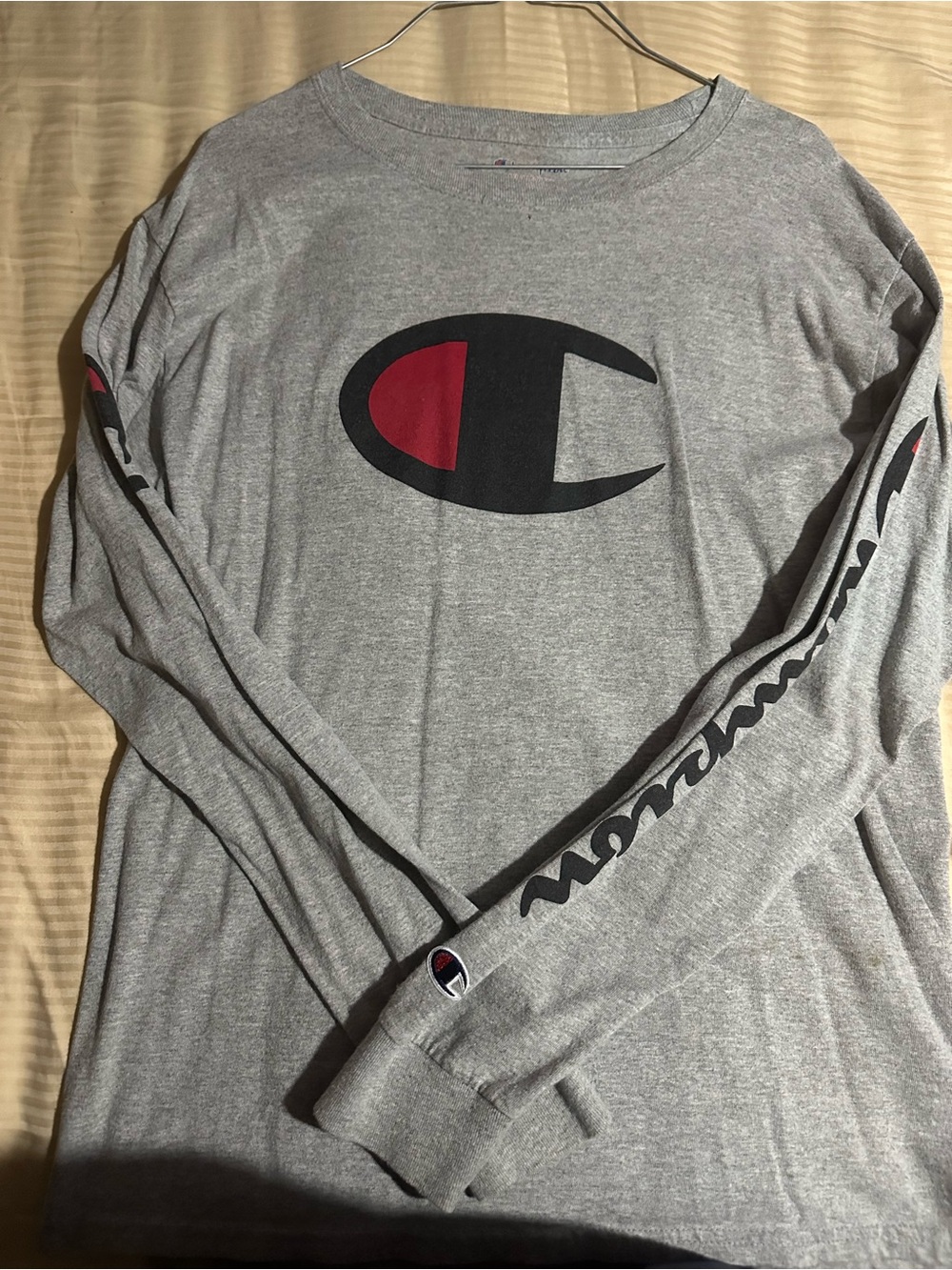 Champion Long-Sleeve Logo Tee in Gray with Black & Red Accents